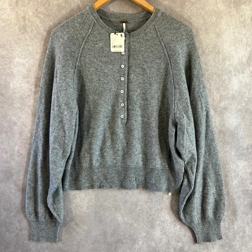 Free People Cashmere Henley Sweater Womens Small Cloudy Grey Balloon Sleeve NEW