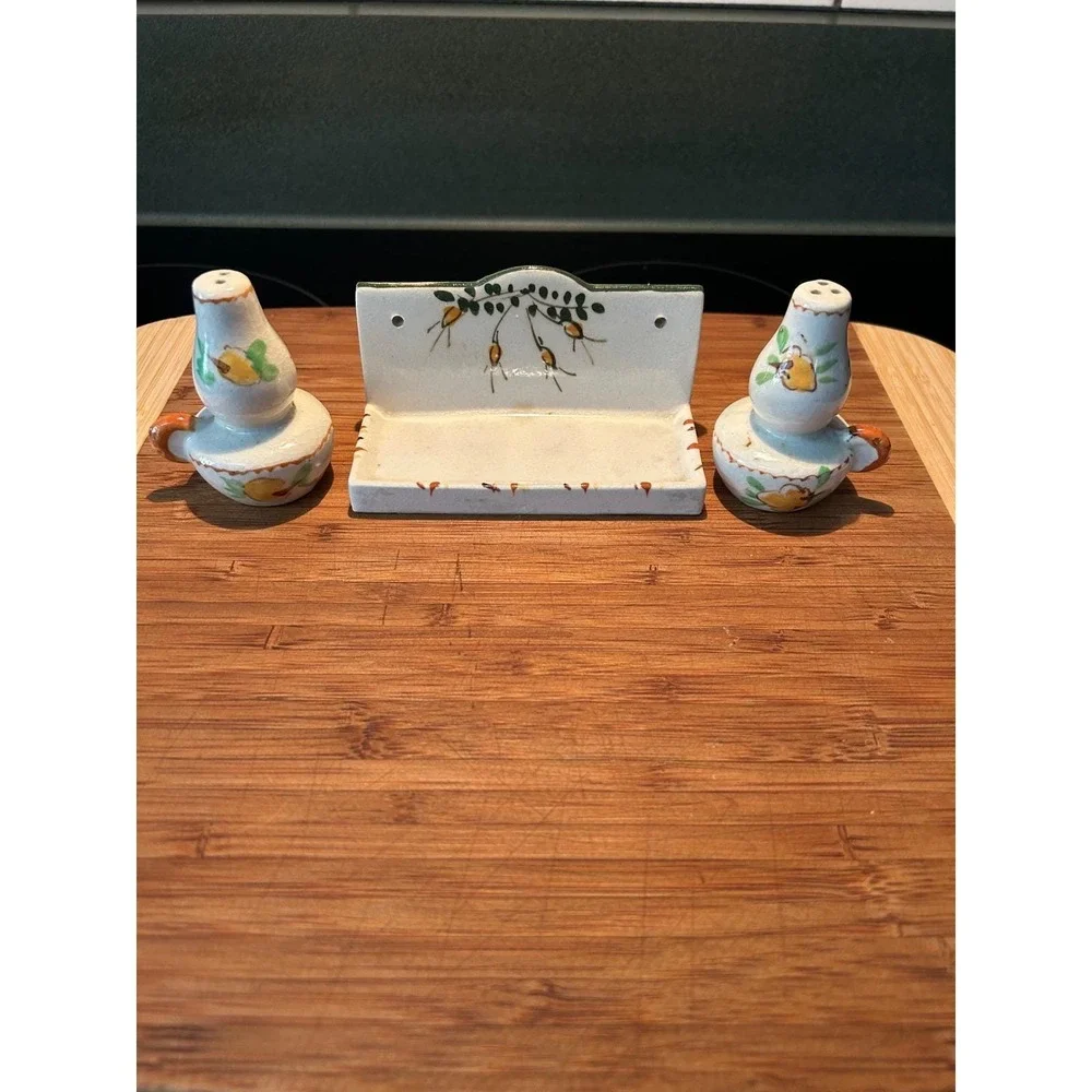 Vintage Ceramic Salt and Pepper Shakers with Wall Mount Shelf Fruit Hand Painted