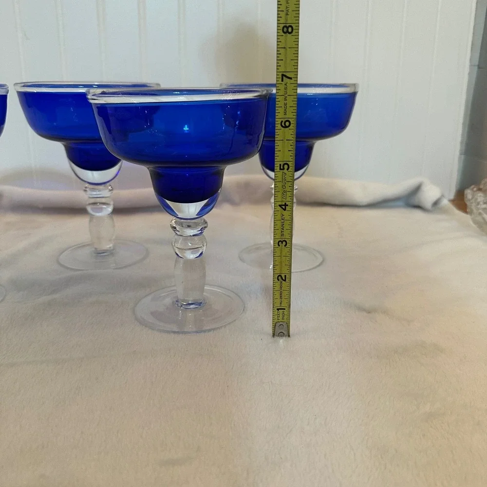 Vintage Margarita Glasses Set of 4 Cobalt Blue Clear Bubble Stem Excellent MCM