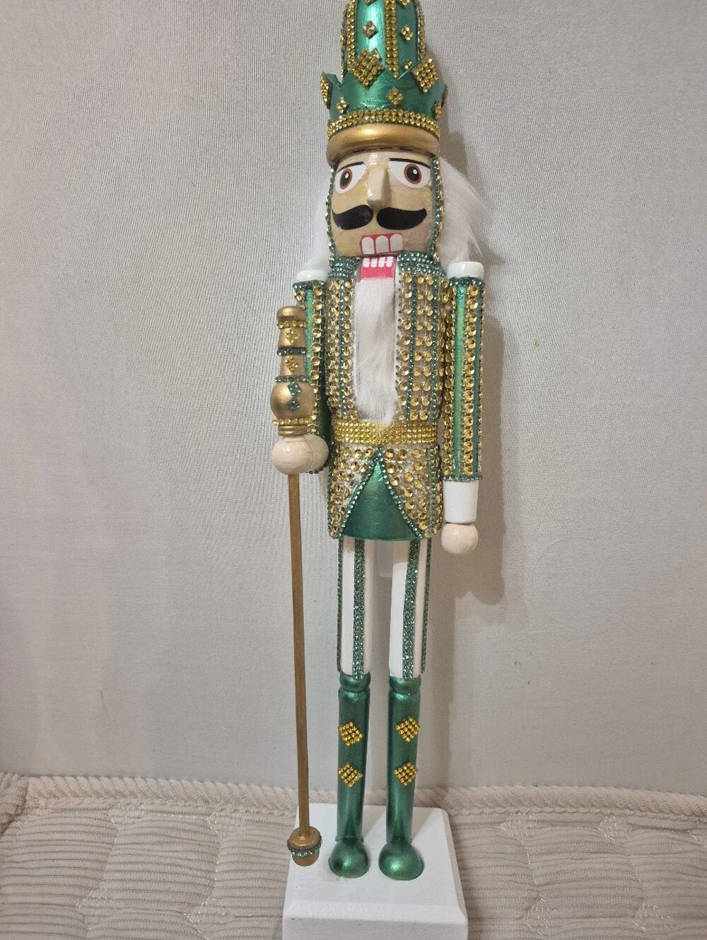Green and Gold Bejeweled Nutcracker Figurine