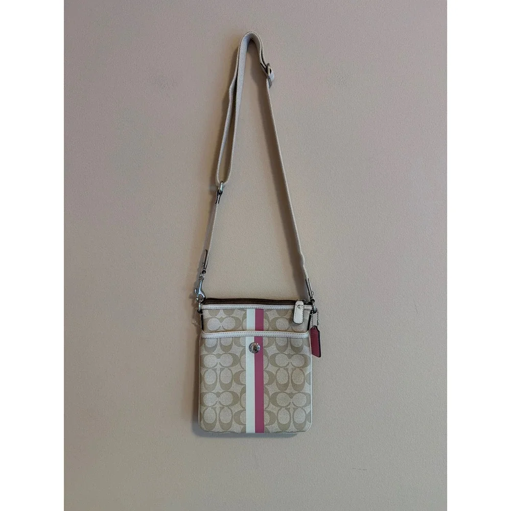 Coach Heritage Stripe Crossbody Bag Signature Canvas Khaki Pink File Bag