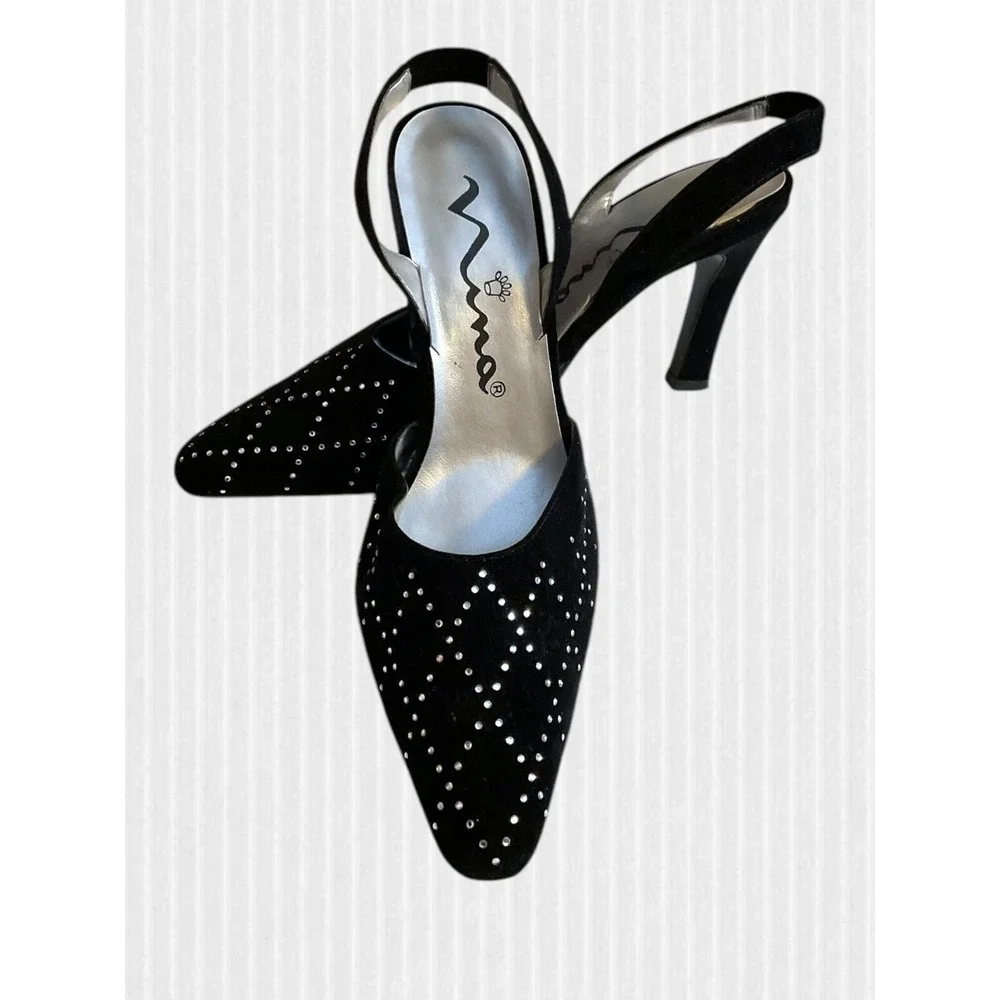 Touch Of Nina‎ Heels Women's Size 7M Black Suede Sparkle Rhinestones Slingback's