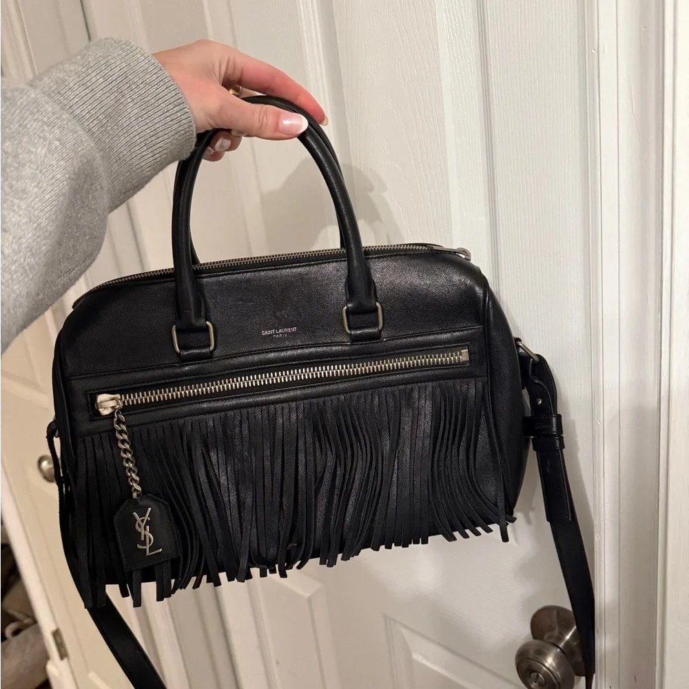 Yves Saint Laurent Black Leather Fringe Satchel Crossbody