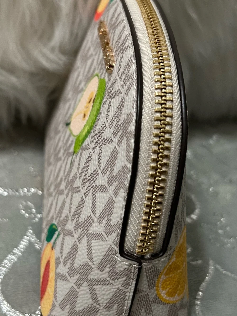NWT Michael Kors Small, Beige Logo Cosmetic Pouch-Pink/Green/Yellow Fruit Print