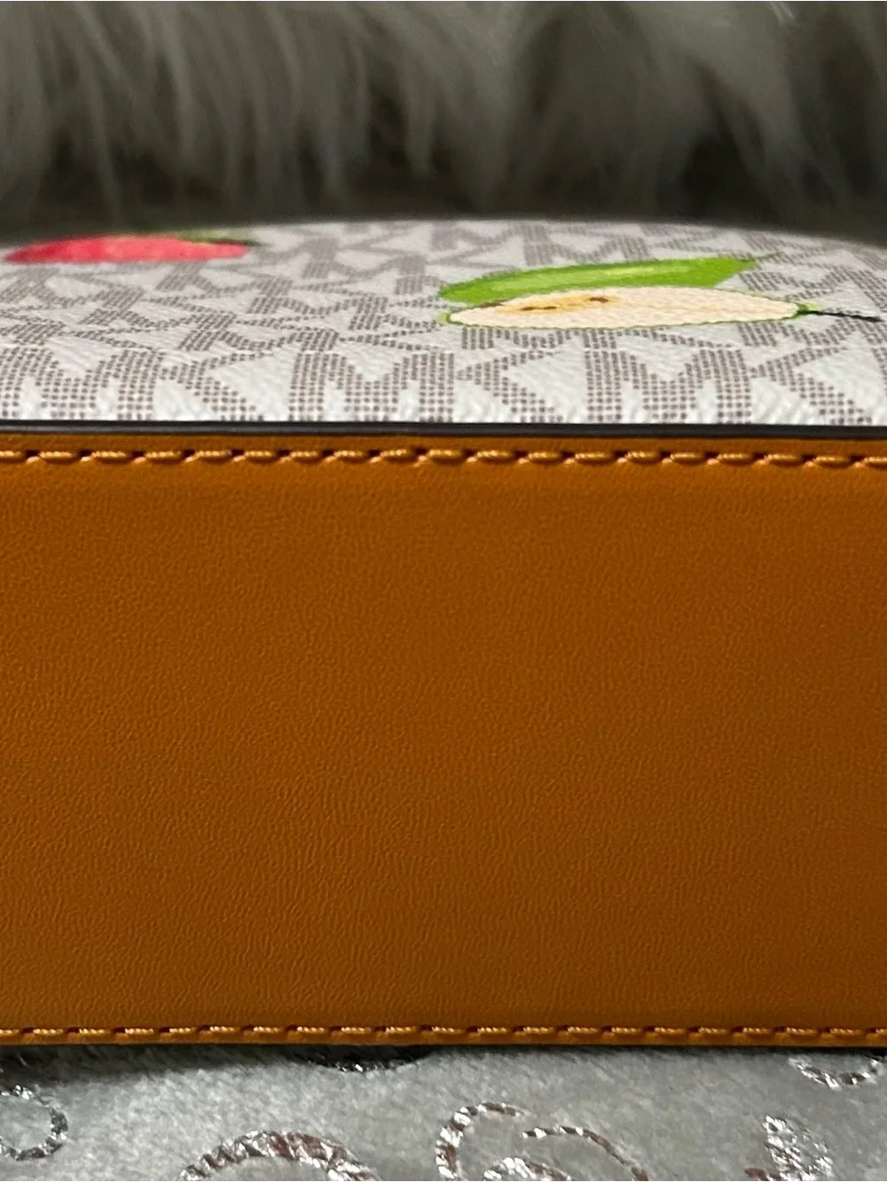 NWT Michael Kors Small, Beige Logo Cosmetic Pouch-Pink/Green/Yellow Fruit Print