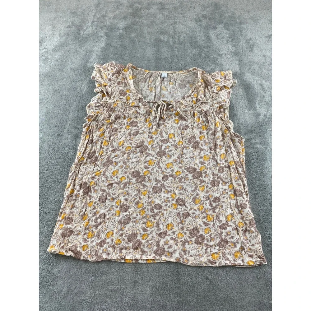 Old Navy Girls Large Floral Gauze Flutter Sleeve Tie Neck Boho Top‎ Cream Brown