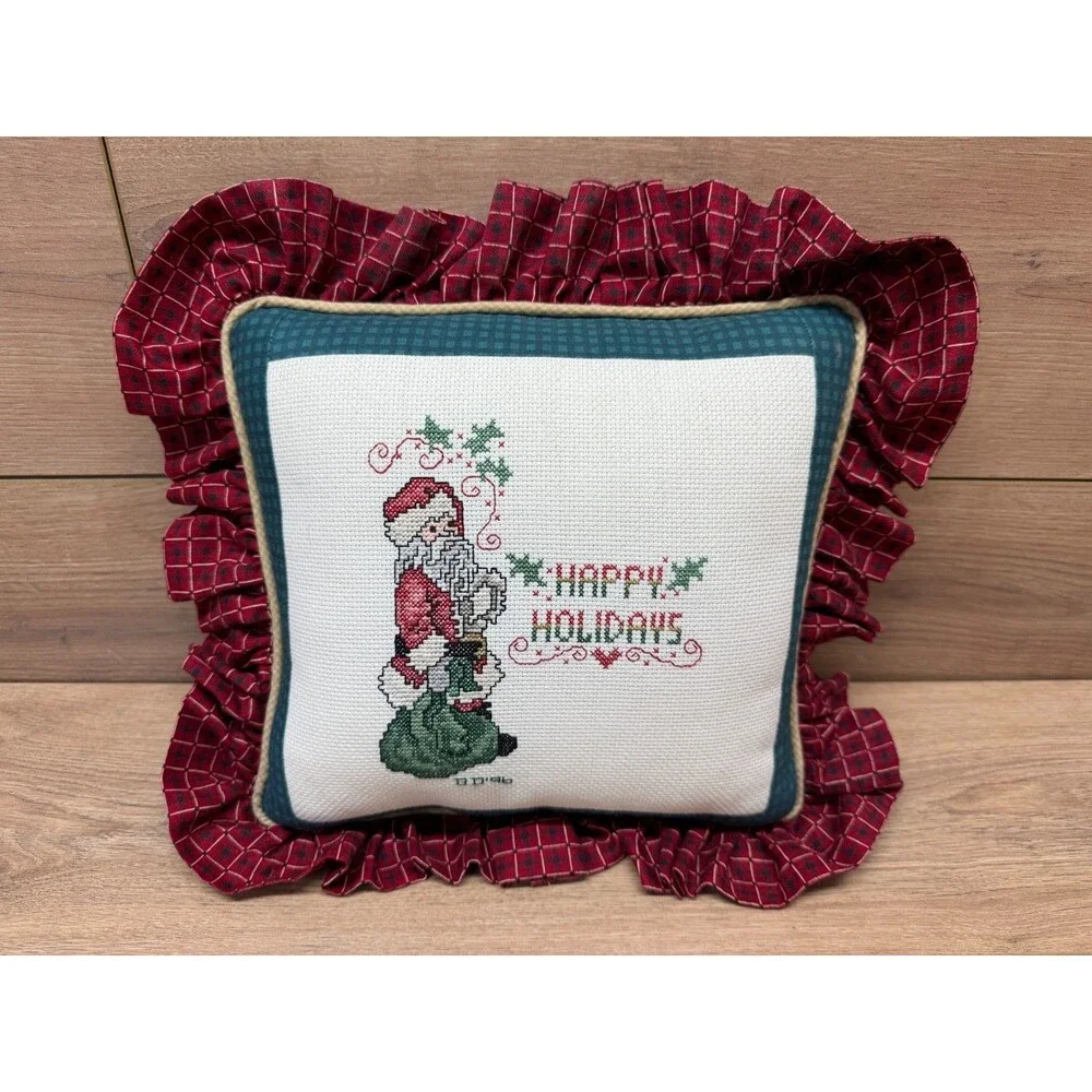 Cross Stitch Needlepoint Christmas Santa Happy Holidays Pillow w/ Ruffle Vintage