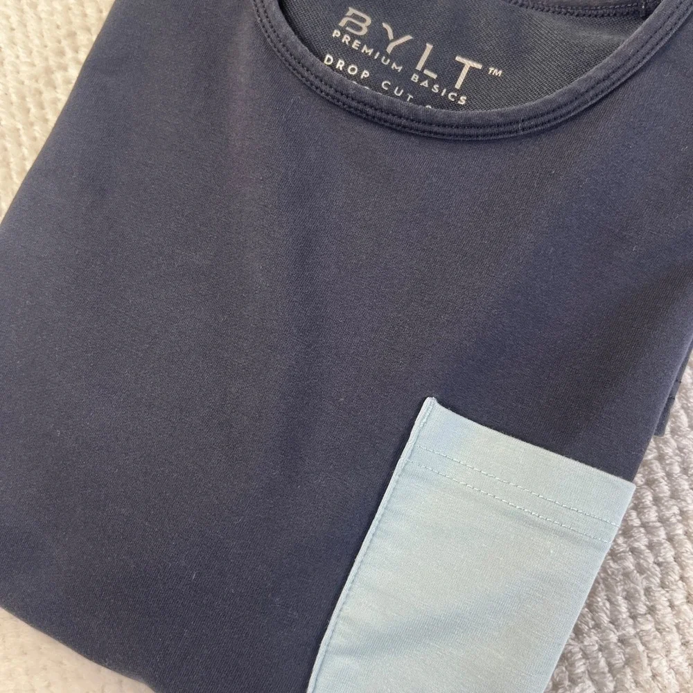 BYLT Premium Basics Drop Cut Lux Pocket T-Shirt Mens Small Navy Blue S/S Tee‎