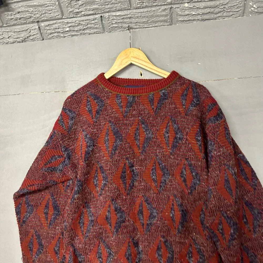 Vintage Puritan Mens Sweater Large Red Blue Geometric Diamond Knit‎ Made in USA