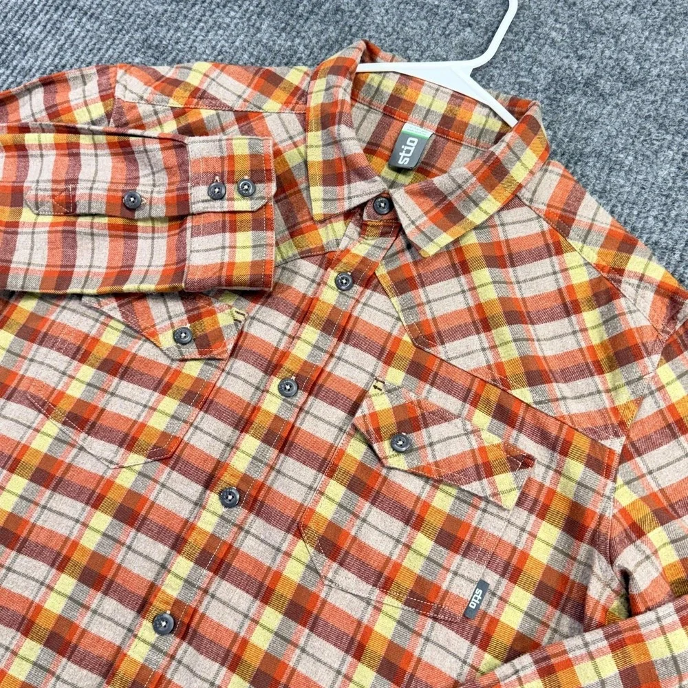 Stio Shirt Mens XL Orange Plaid Flannel Button Up Long Sleeve Outdoor Casual
