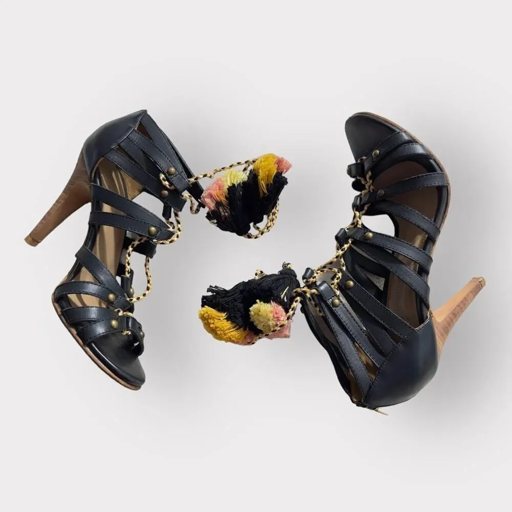 Ulla Johnson Tassel Accent Heels Sandals Women's 37 Black Brown Strappy