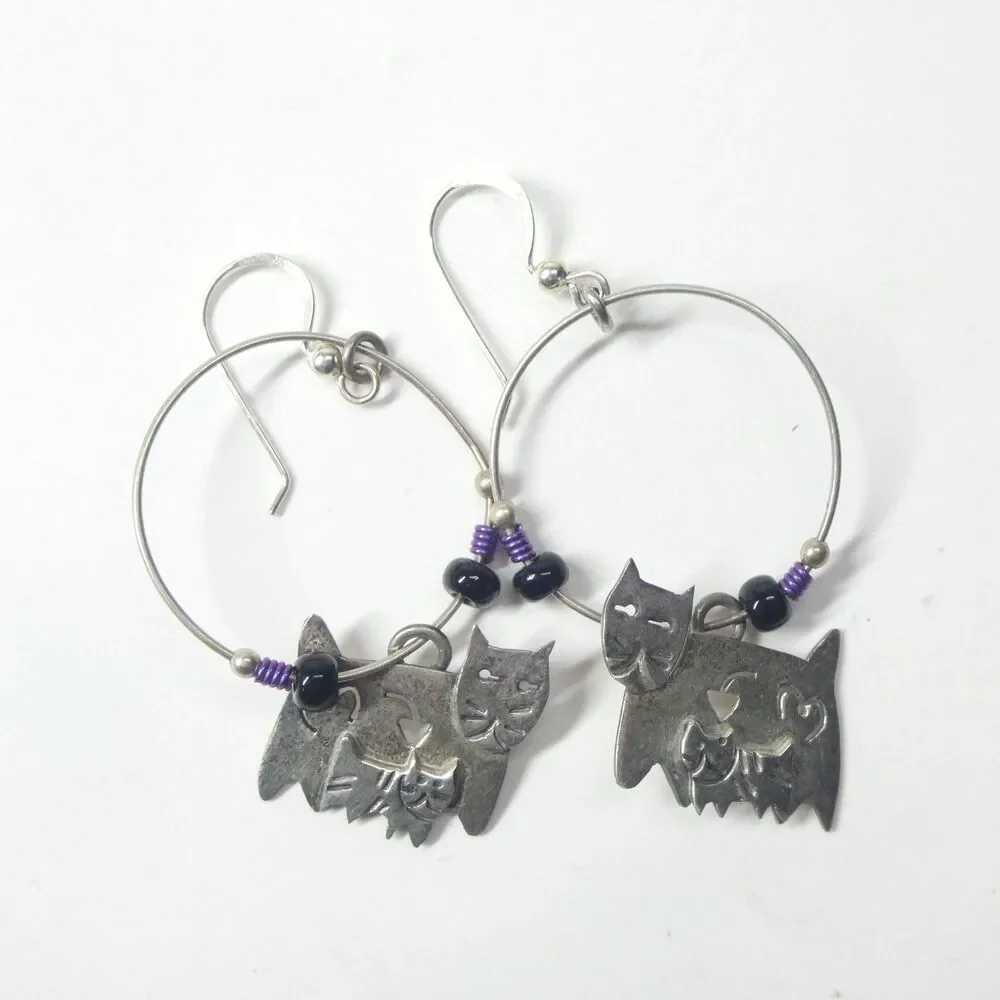 Far Fetched Cat Family Hoop Earrings 925 Sterling Silver