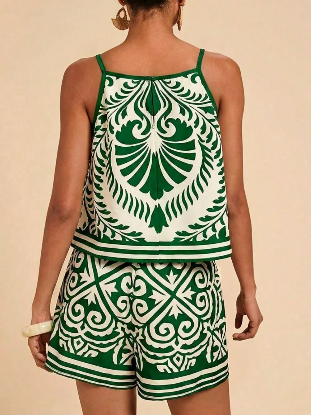 Green Boho Women's All-Over Print Vacation Camisole and Shorts Set
