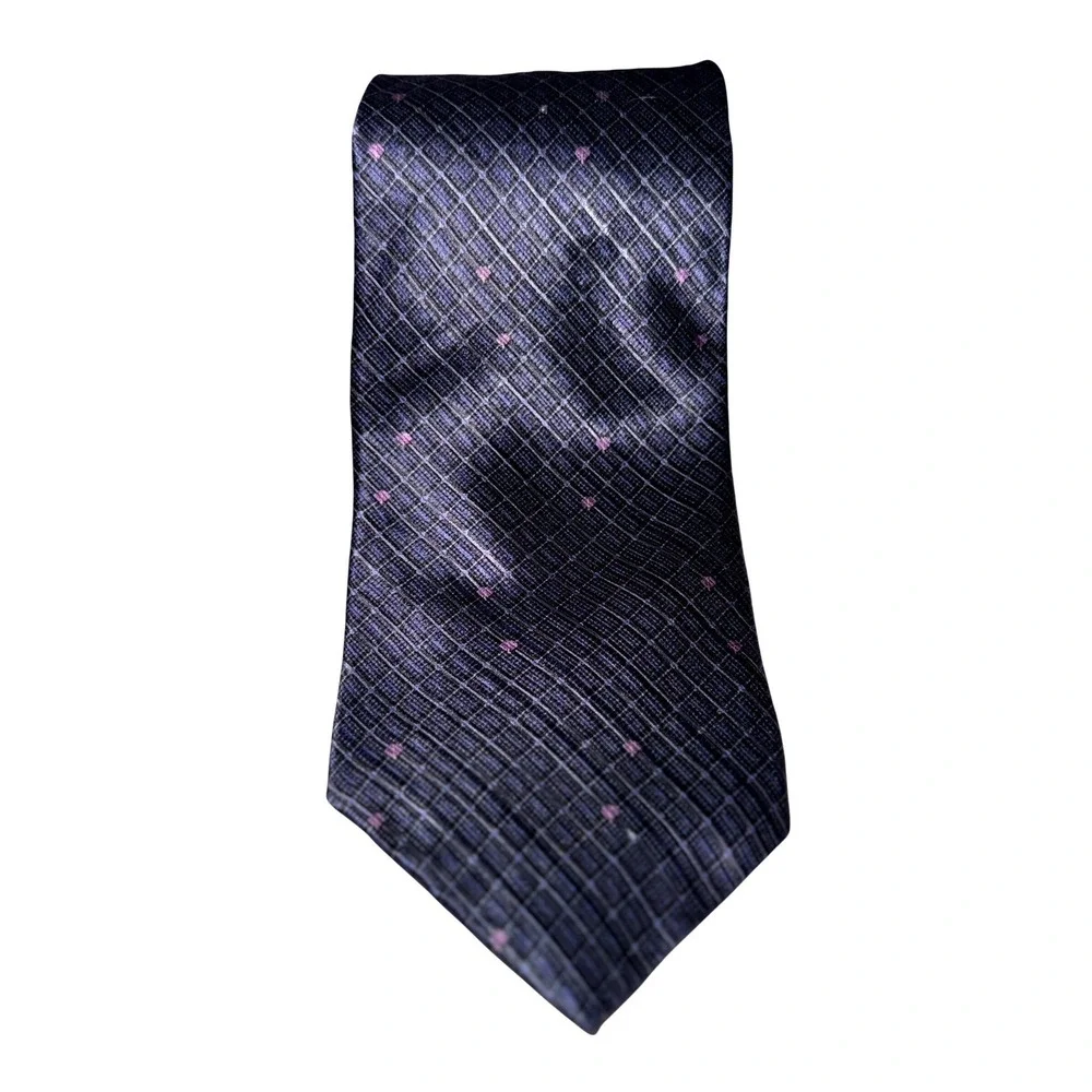 Silk Tie by Bill Blass Modern Men's Navy with Geometric Purple Dot EUC Fast Ship