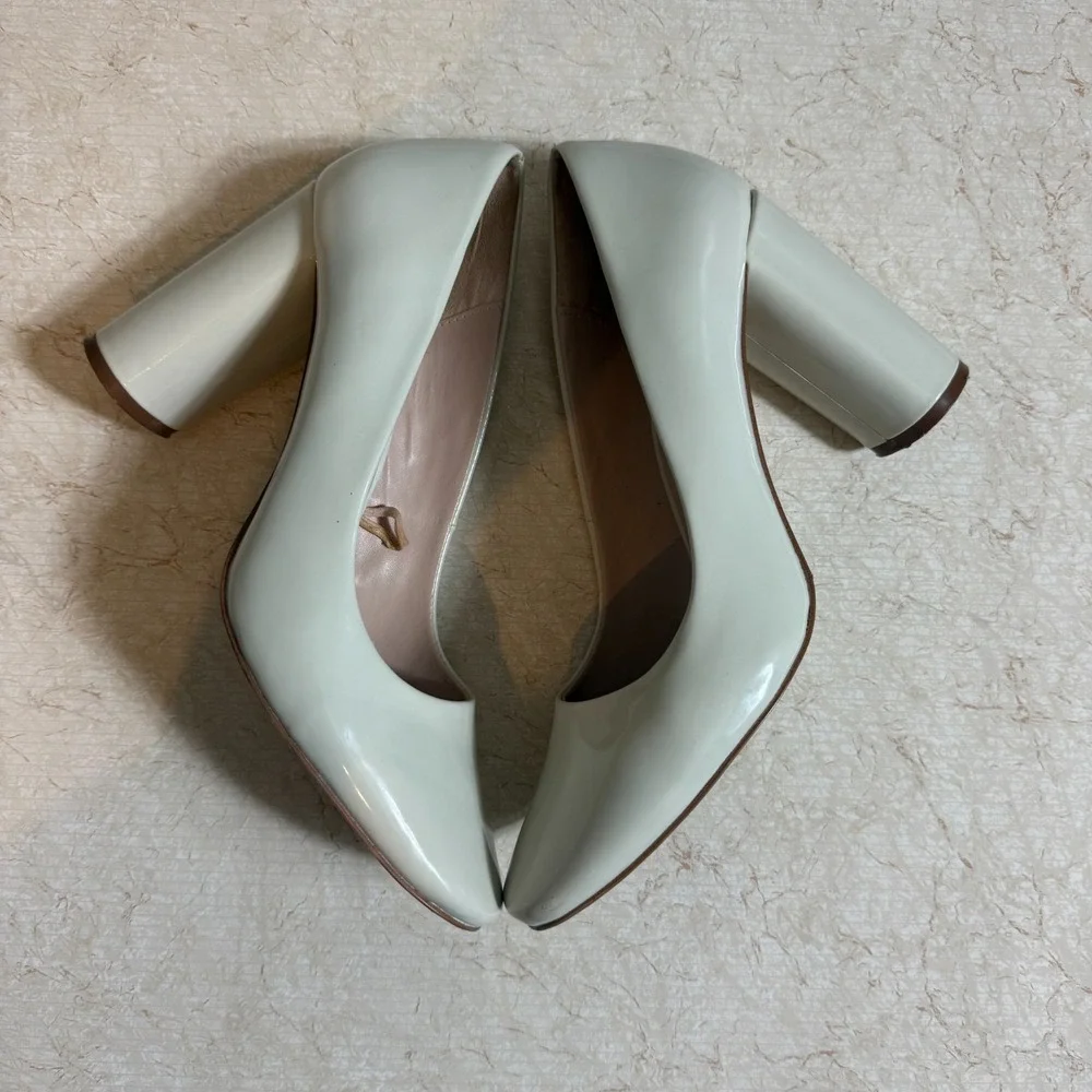 ZARA Trafaluc Block Heel Pumps Patent‎ Ivory White Size 38 US 7.5–8 S