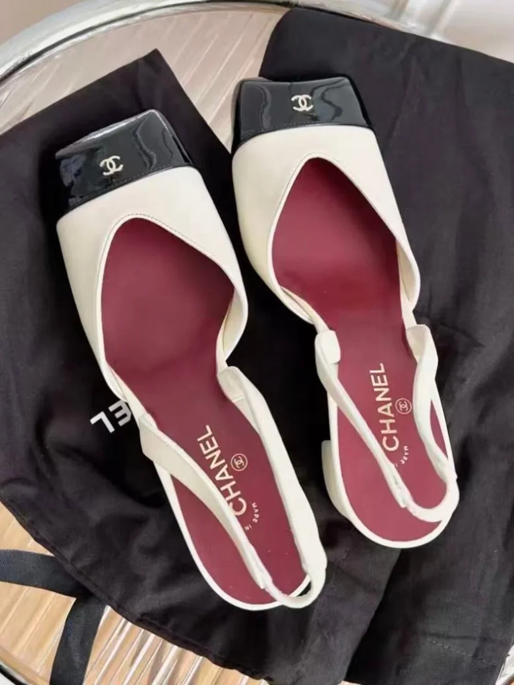 Chanel Two-Tone Black White CC Logo Square Toe Block Heel Shoes