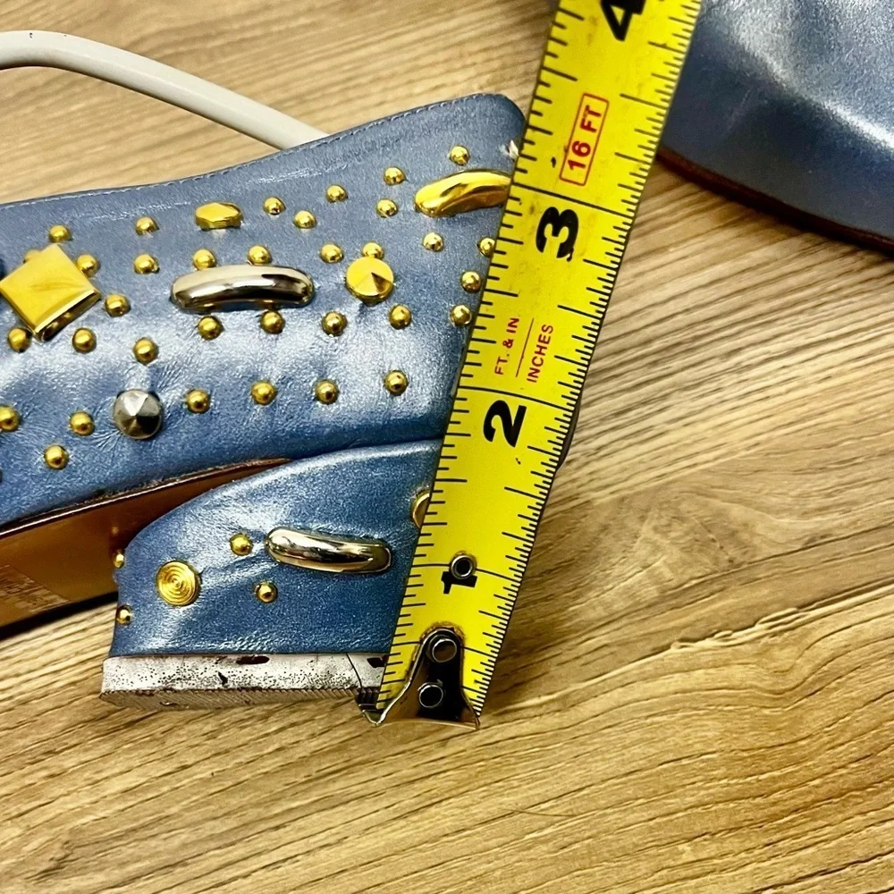 Fantasy Vintage 1980s Blue Leather Pumps - Size 7.5 Sculptural Jewel-Like Studs