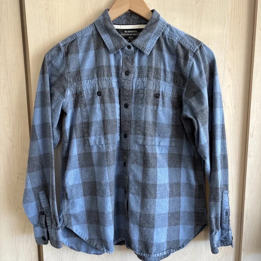 REI Coop Shirt Mens Small/Medium Blue Black Plaid‎ Organic Cotton Button Down