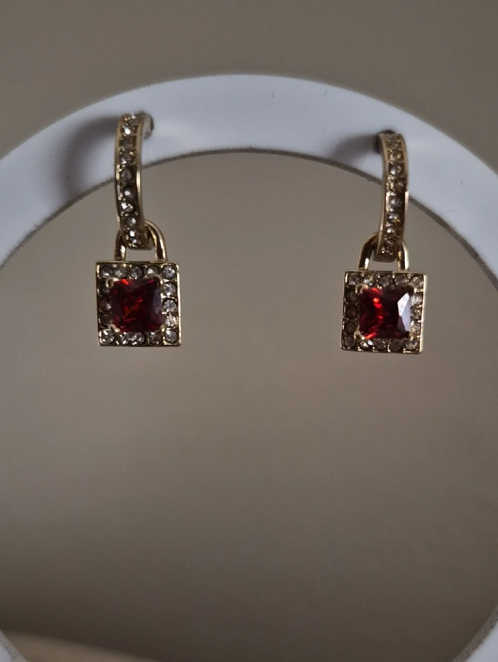 Gold-tone huggie hoops square-cut red stone Halo Pave Crystal Earrings
