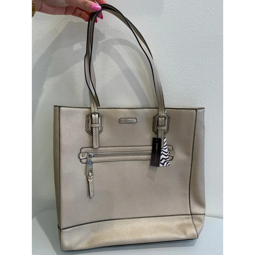 Dana‎ Buchman Metallic Champagne Gold Saffiano Tote Bag Zebra Print Lining NWT