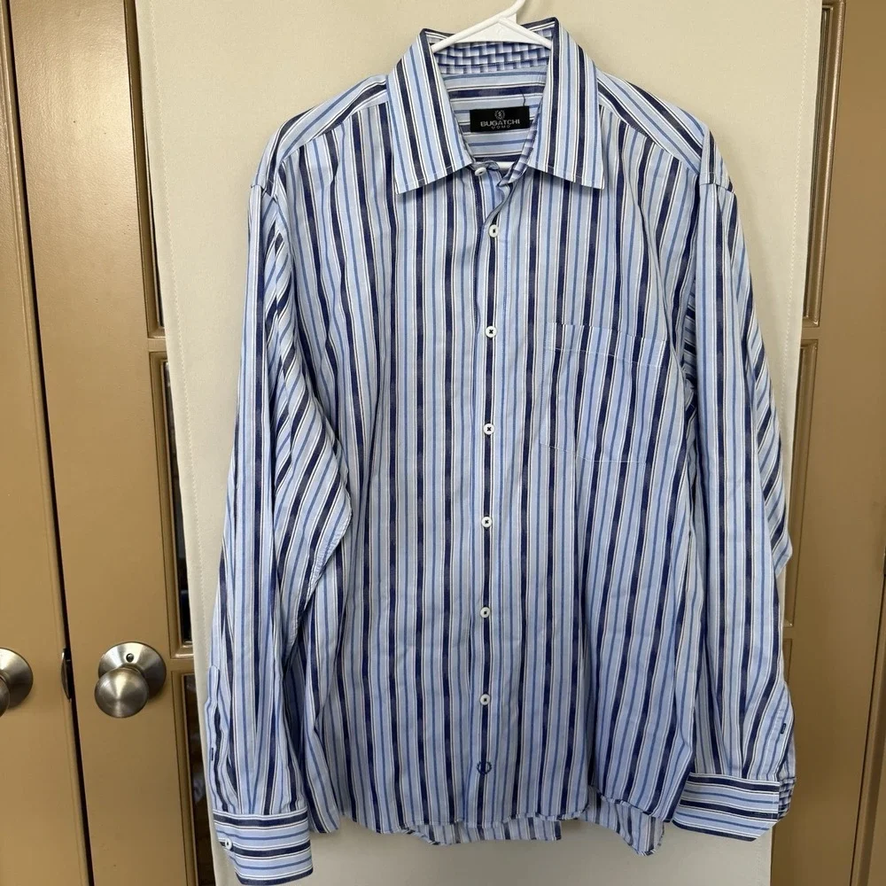 Bugatchi Uomo Men's XL Blue White Stripe Long Sleeve‎ Button Up Shirt Collar Top