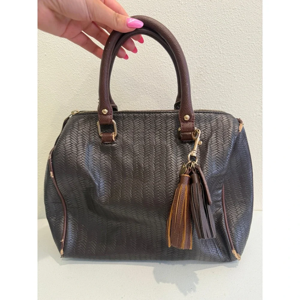Woven‎ Braided Satchel Handbag Brown Tassel Gold Hardware BoHo Shoulder Bag