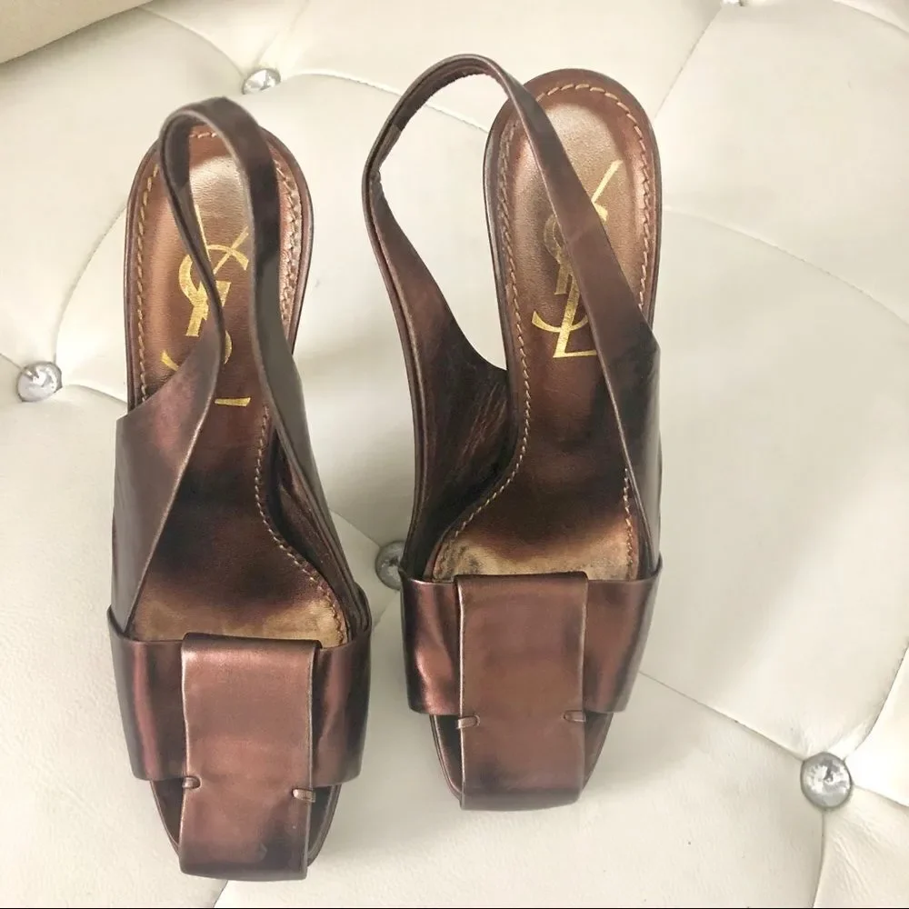 YSL Yves Saint Laurent metallic woven heels 61/2