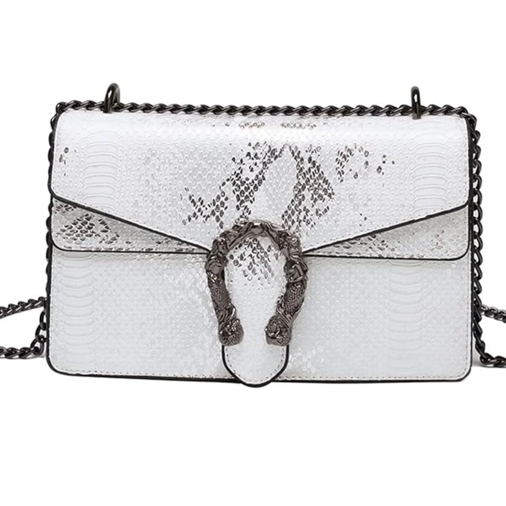 Snake Print Silver & White Chain Strap   Bag
