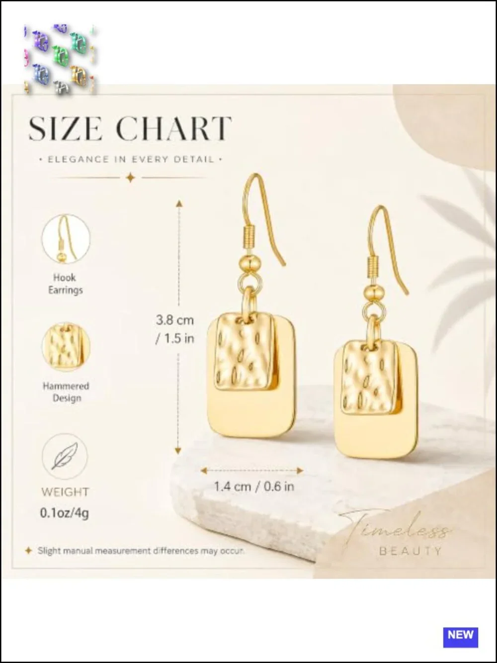14K Gold Plated Dainty Hammered Rectangle Geometric Drop Earrings Boho Jewelry