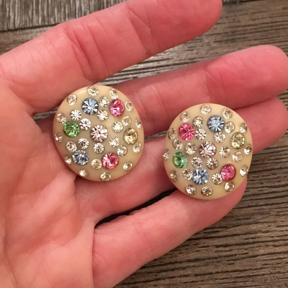 Vintage Pastel Colored Rhinestone Clip Earrings