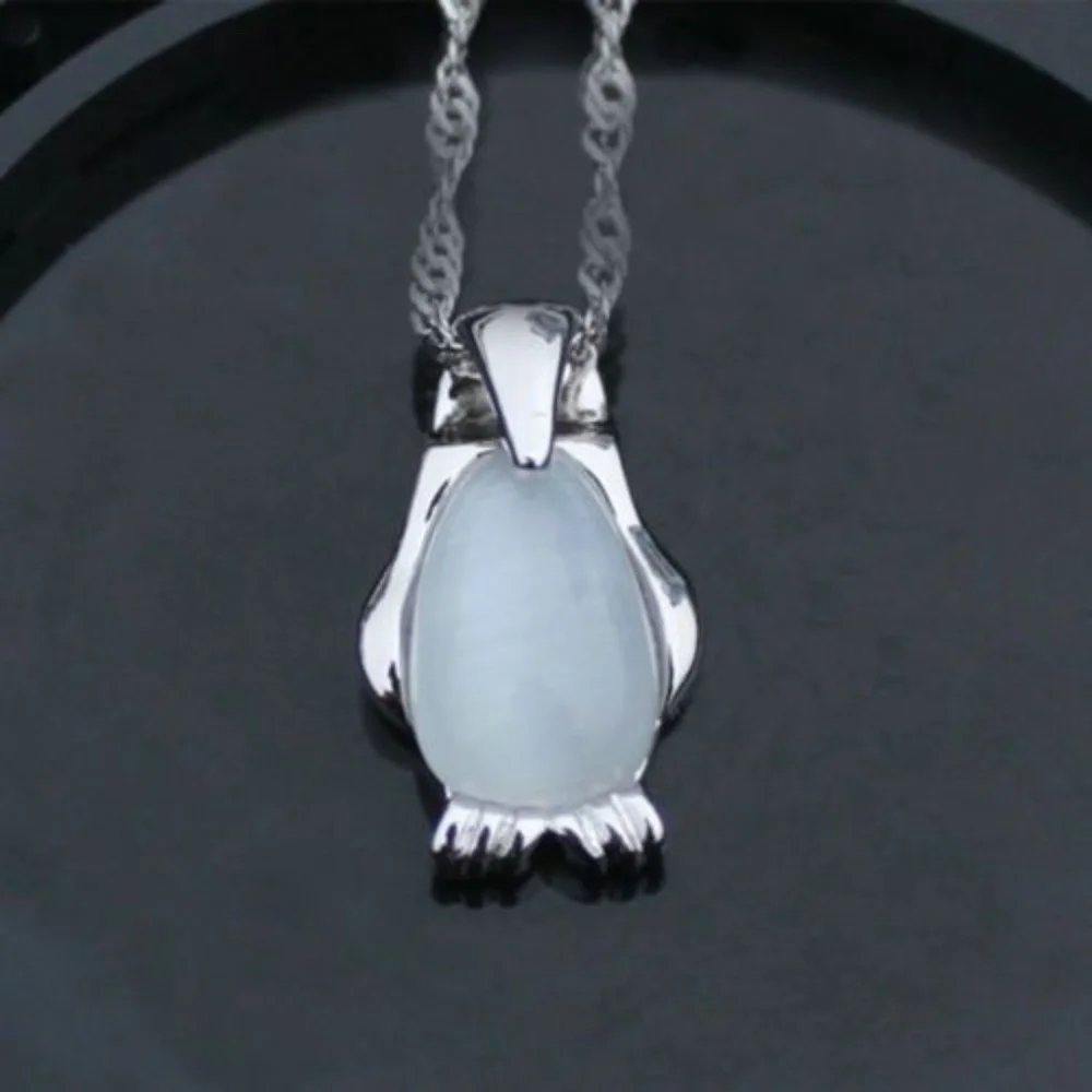 Silver Penguin Pendant Necklace with White Stone