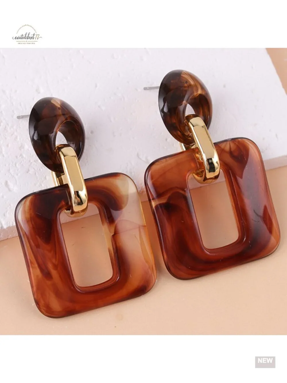 Tortoiseshell Acrylic Hollow Square Drop Earrings Geometric Retro Lightweight