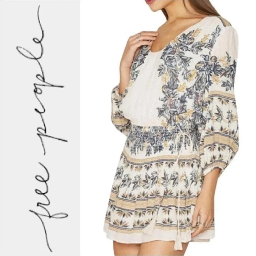 Free People Women Dress Size XS‎ Extra Small Ivory Tan Floral Long Sleeve Tassel