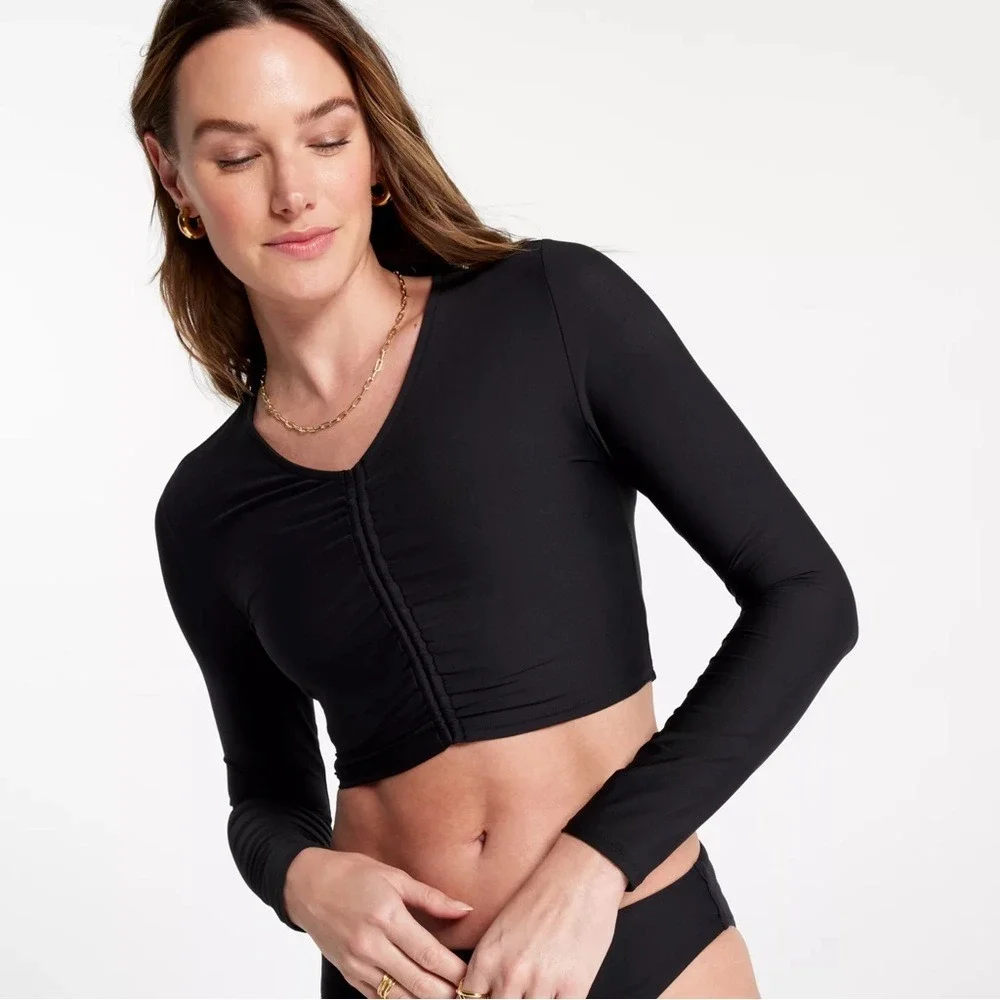NWT Calia Long Sleeve Ruched Swim Rash-guard BLACK-**Size MEDIUM**‎