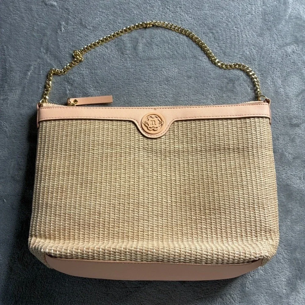 Nanette Lepore Woven Straw Vegan Leather Gold Chain Shoulder‎ Bag Classic Peach