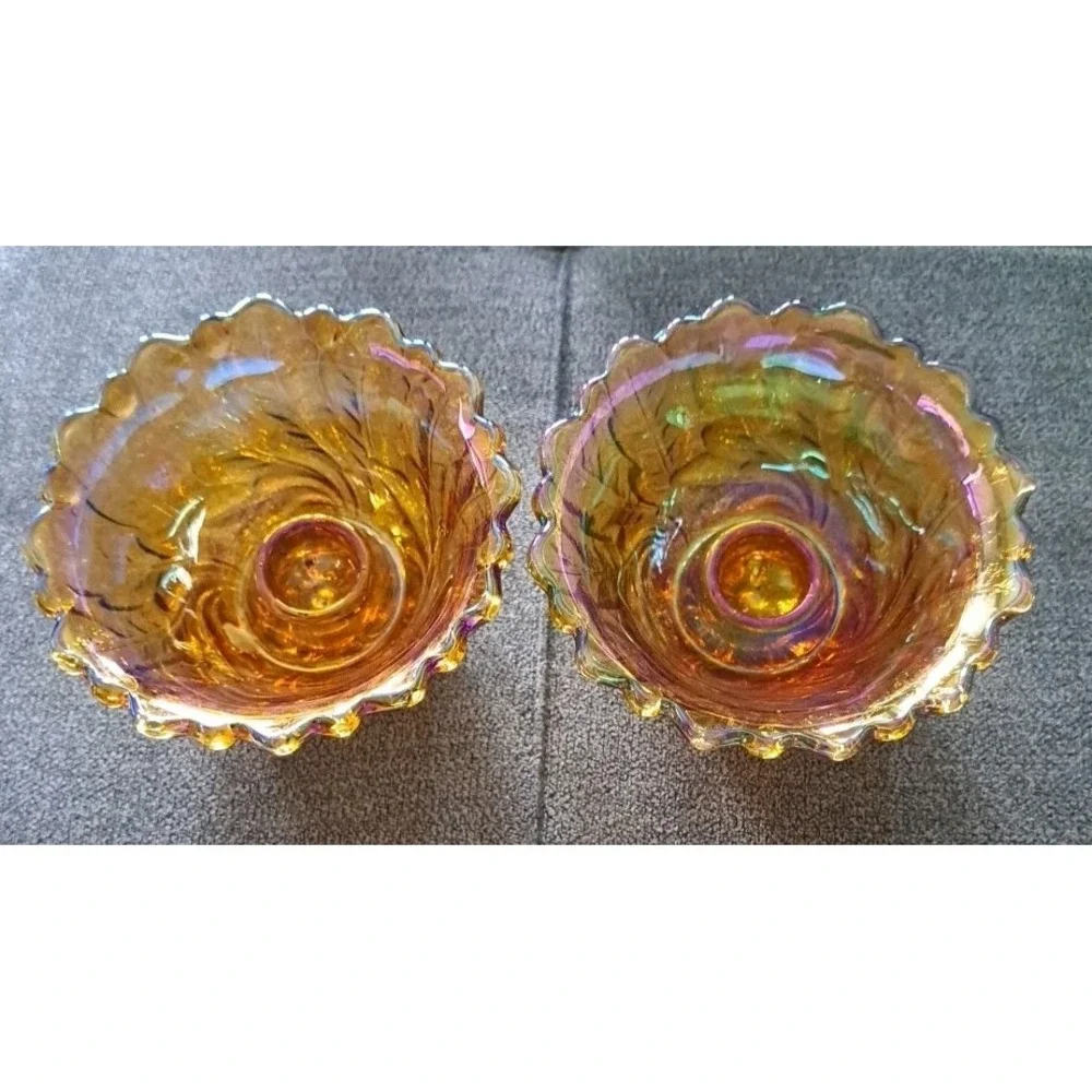 Vtg Indiana Carnival Glass Marigold Iridescent Wild‎ Rose Set Of 2 Candleholders