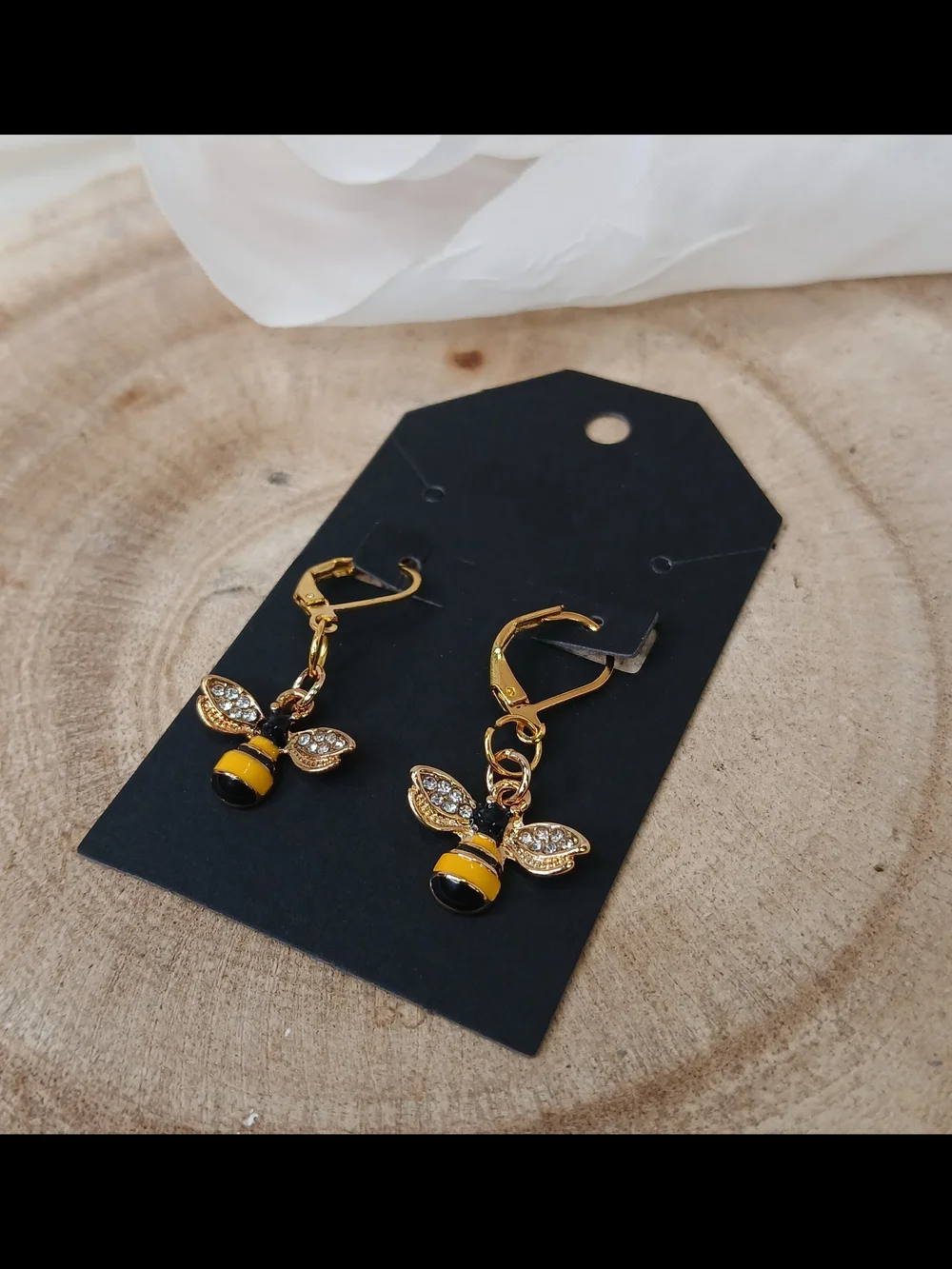 Gold Bee Drop Earrings with Yellow & Black Enamel