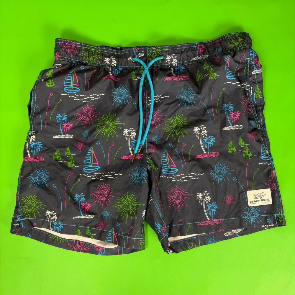 Beach Bros Swim Trunks Mens L Black Tropical Neon AOP Surf Board Shorts Vacation