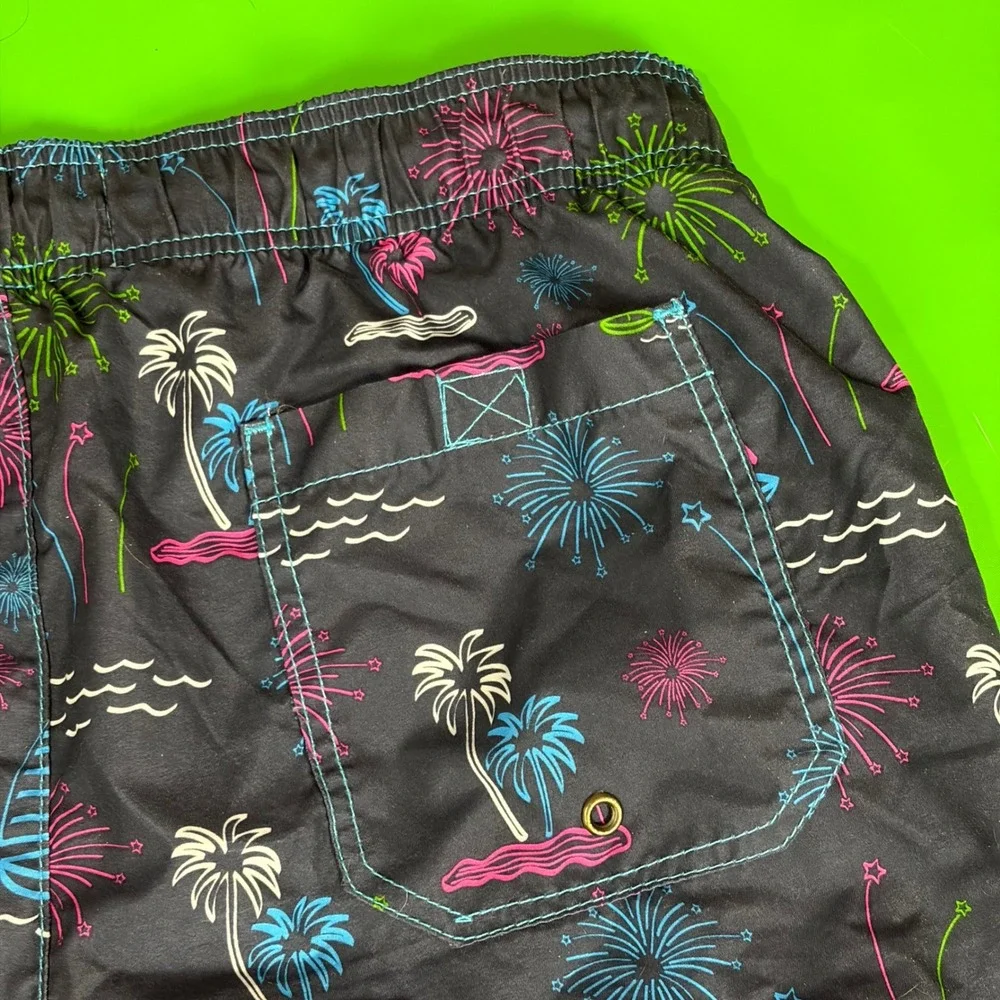 Beach Bros Swim Trunks Mens L Black Tropical Neon AOP Surf Board Shorts Vacation