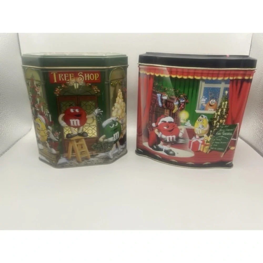 2-PC‎ M&Ms Brand Christmas Village Metal Tin Canisters Limited Edition