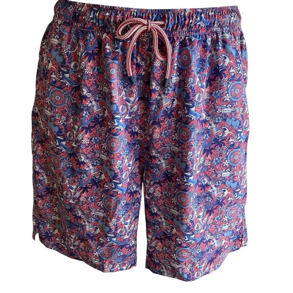 Peter Millar Swim Trunks Men's Medium Seaside Pink Blue Lined Shorts 8