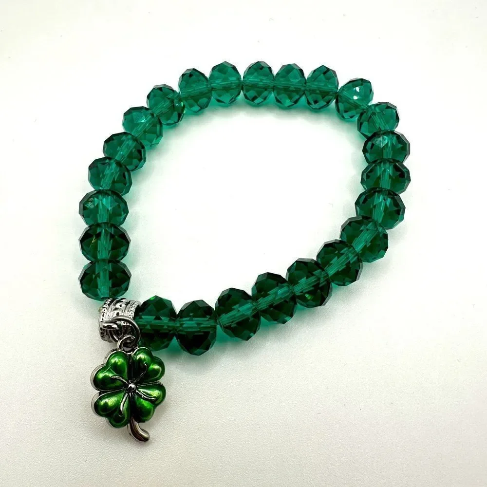 SALE! Green faceted glass‎ crystal beaded stretch bracelet with shamrock charm!
