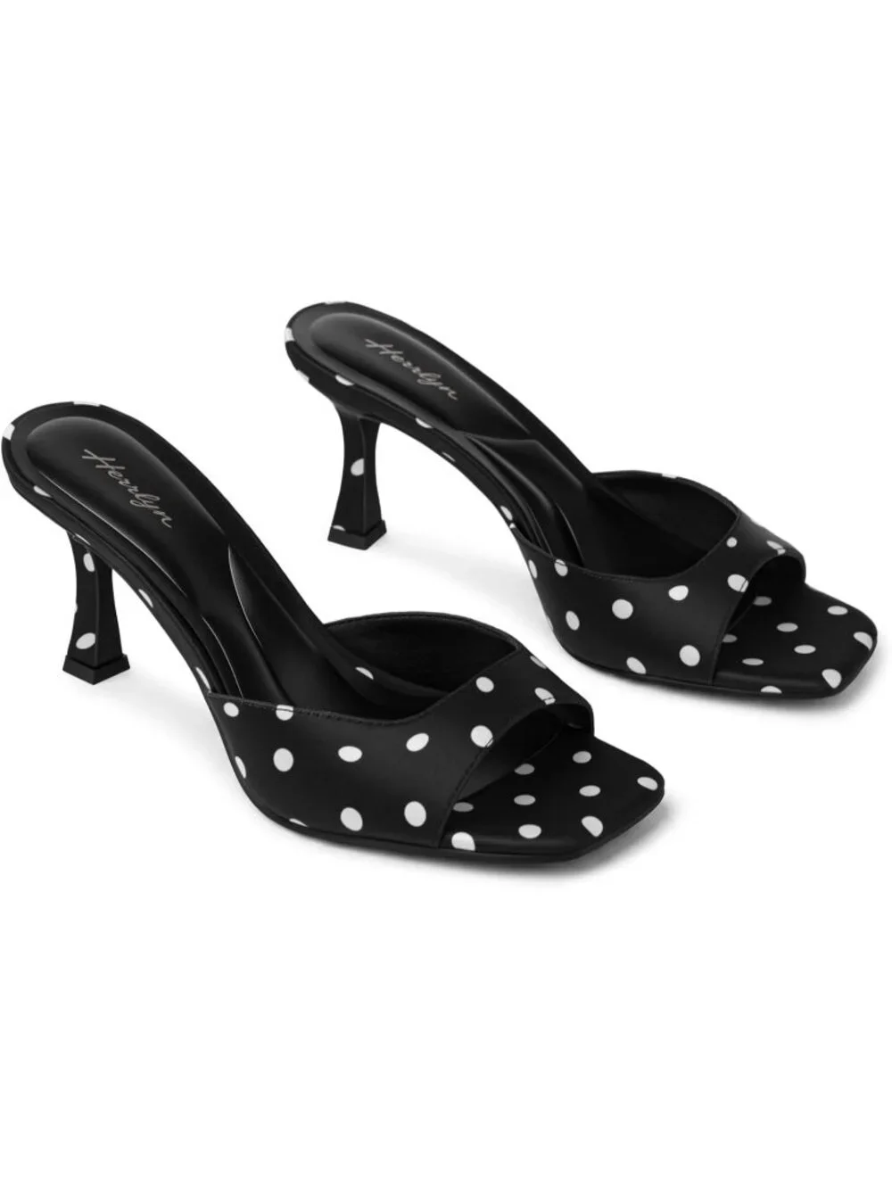 Women's Black Polka Dots Summer Square Toe Slingback Sexy Backless Heeled Sandal