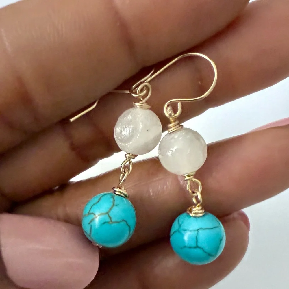 Gold-Filled Carved White Agate & Turquoise Dangle Earrings