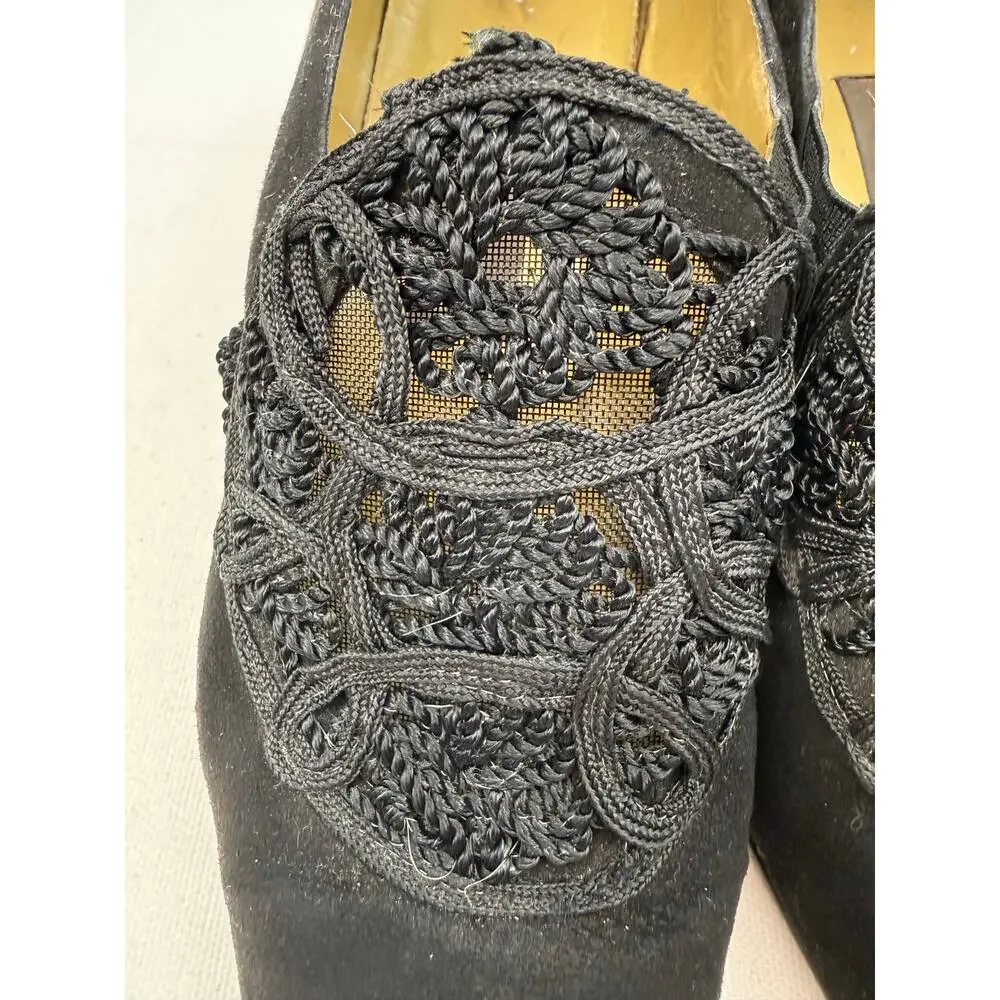 Sesto Meucci Black Suede‎ Pumps Embroidered Mesh Vamp Vintage 90s Womens Size 7