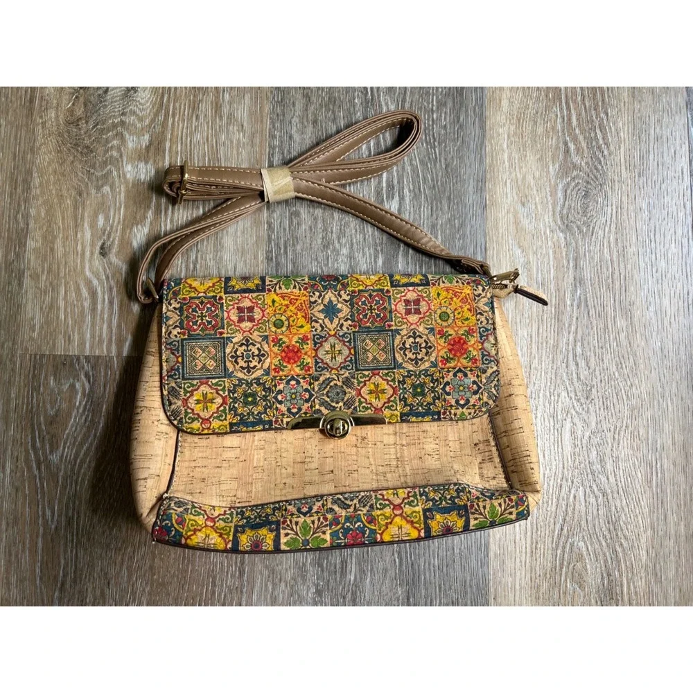 Cork Crossbody Bag Womens Medium Tan Tile‎ Print Mediterranean Boho