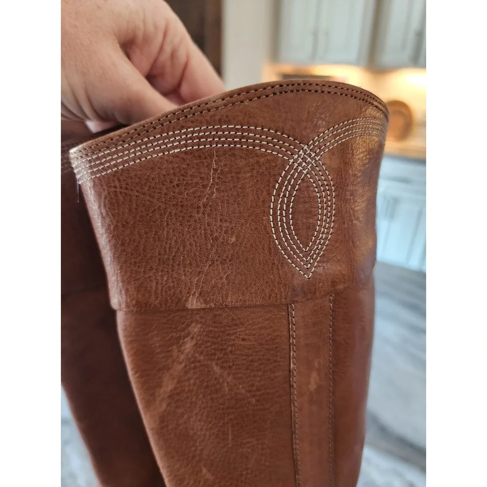 Donald Pliner Tall Leather Riding Boots‎ Western Cognac Brown Block Women's 6.5