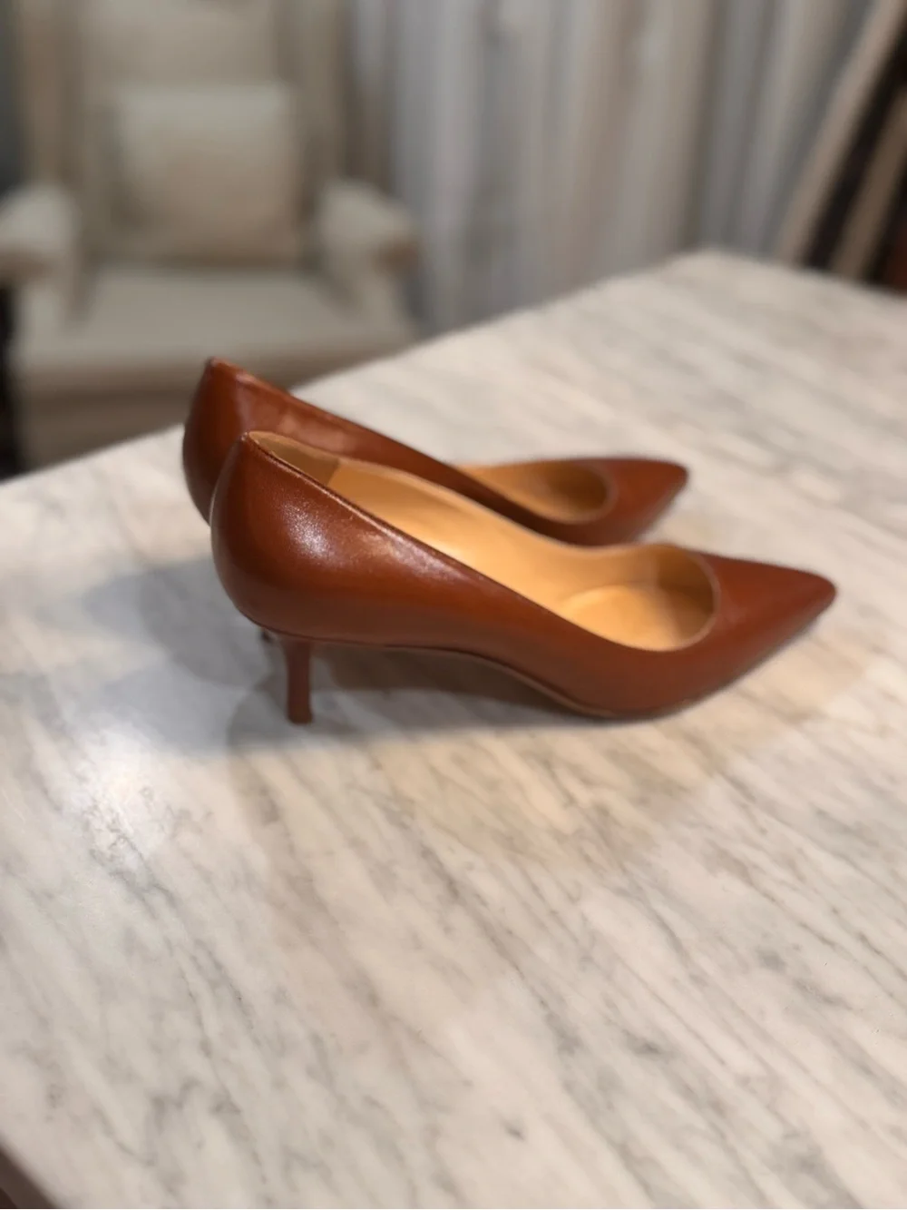 Manolo Blahnik BB 50mm Pointed-Toe Leather Low Heels Cognac