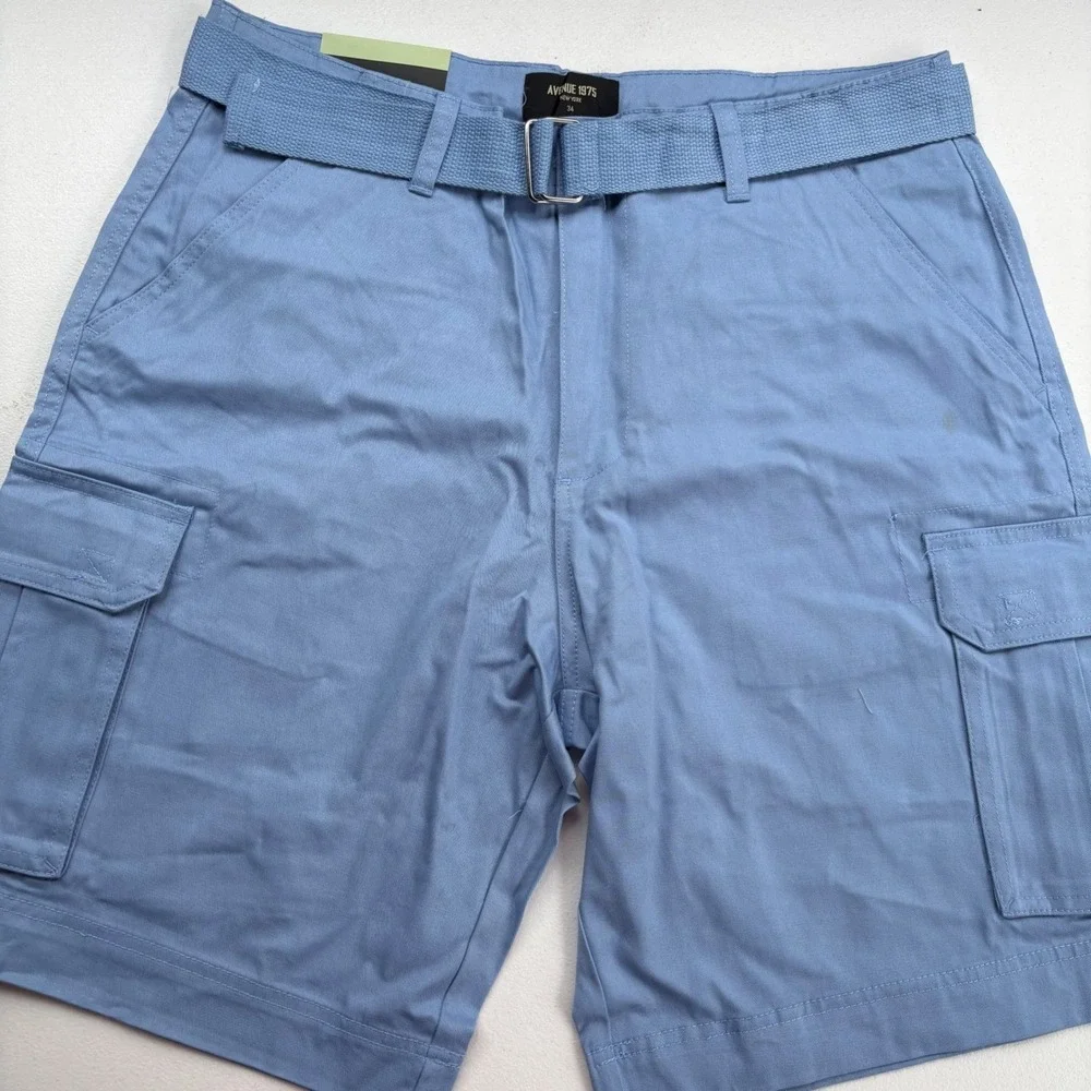 Avenue 1975 New York Mens Cargo Shorts Blue Size 32 With Belt 100% Cotton NEW‎