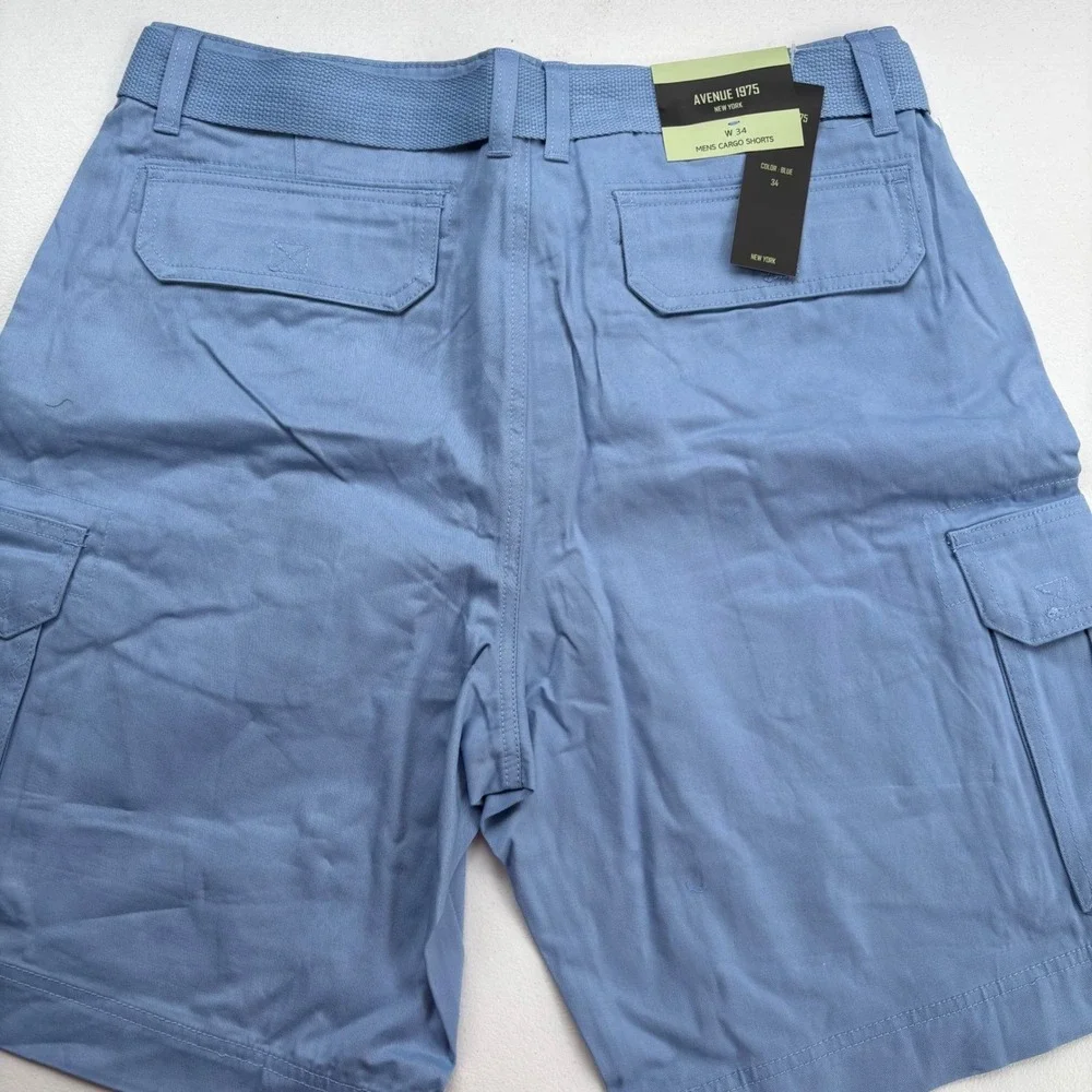 Avenue 1975 New York Mens Cargo Shorts Blue Size 32 With Belt 100% Cotton NEW‎